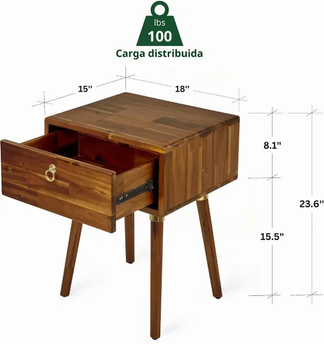 Vista 2 de Bme Caden Mesita de noche/Mesa auxiliar/Mesa de centro de madera maciza, completamente ensamblada, con 1 cajón para dormitorio y sala de estar