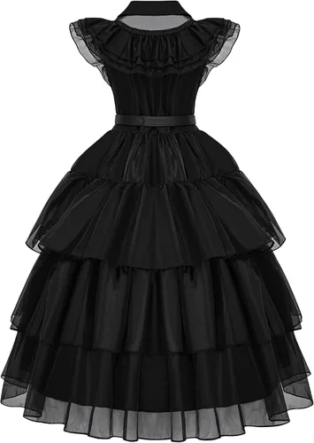Vista 3 de GZ-LAOPAITOU Disfraz negro para niñas, disfraz de Halloween, cosplay, fiesta familiar, disfraz con peluca, medias y cinturón, 4-12 años