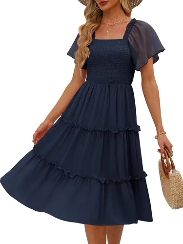 Vista 18 de LILLUSORY Vestido midi fruncido con cuello cuadrado y mangas con vuelo Negro