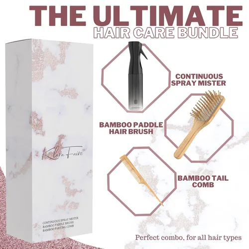 Vista 2 de Cepillo de bambú, peines de cola de rata y botella rociadora de cabello Cepillo de bambú natural y peine de madera con botellas de spray de niebla