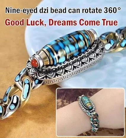 Vista 5 de UBALDI Turquesa Seis caracteres Mantra Nueve Ojos Dzi Bead Bracelet, Pulsera de cuentas de mantra de seis caracteres, Transferencia