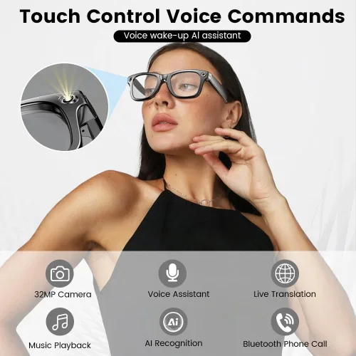 Vista 11 de AI Gafas Inteligentes, Gafas con Cámara Anti-Sacudida de 800W con Grabación de Video y Micrófono Dual, Interpretación Simultánea/Identificación