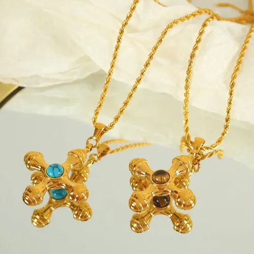 Vista 4 de Vintage-style versatile creative cross pendant necklace and earrings with tiger's eye stone for women