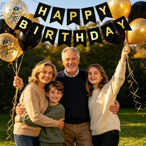 Vista 6 de Adornos de cumpleaños para hombres y mujeres, adornos de fiesta negros y dorados, cartel de feliz cumpleaños con globos negros y dorados, mantel
