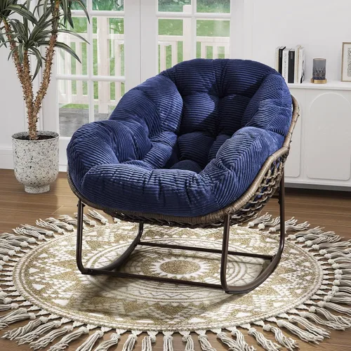 Vista 10 de Mecedora para patio al aire libre, silla mecedora de huevos de ratán para interiores, cómoda silla Papasan de gran tamaño con cojín más grueso