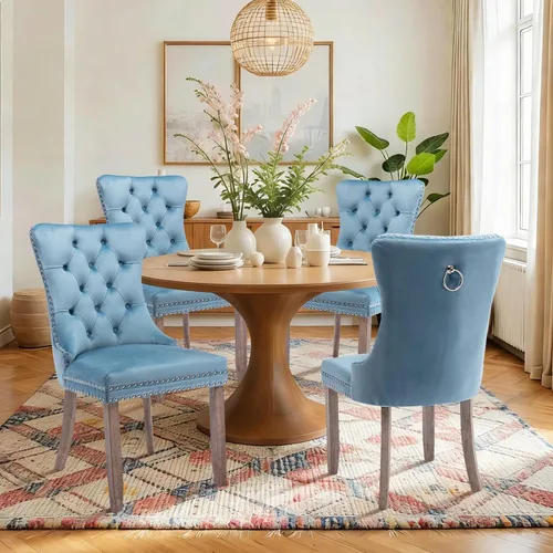 Vista 60 de Juego de 2 sillas de comedor de terciopelo con patas de madera, color beige Mid Century Modern Dining Chairs,Upholstered Chairs with Nailhead