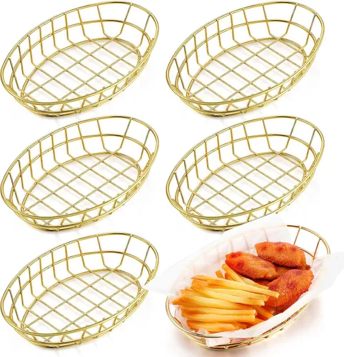 Vista 9 de Tioncy 6 cestas de alambre de metal ovaladas cromadas de 9.5 x 6.2 x 2.2 pulgadas para servir pan, contenedor decorativo para sándwiches, cesta