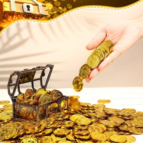 Vista 7 de Hanaive 600 monedas de oro pirata, monedas de juguete de tesoro de plástico, monedas falsas de San Patricio, doblón para regalos de fiesta pirata