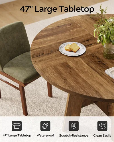Vista 5 de Mesa de comedor redonda para 4-6 personas, mesa de cocina de granja de 47 pulgadas con patas resistentes, mesa de comedor circular de madera rústica