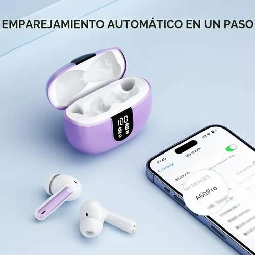 Vista 4 de Auriculares inalámbricos, auriculares Bluetooth 5.3, 40 horas de reproducción, estéreo de graves profundos, pantalla de alimentación LED Púrpura