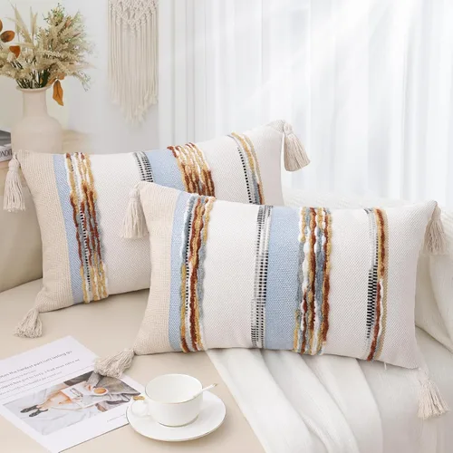 Vista 13 de Simmore Juego de 2 fundas de almohada decorativas estilo bohemio de 18 x 18 pulgadas, fundas de almohada estilo rústico copetudas con borlas