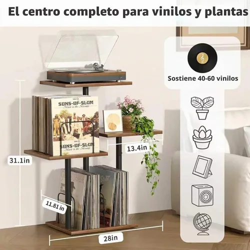 Vista 6 de Bikoney - Soporte Botánico para Tocadiscos con Almacenamiento de Vinilo, Mueble de Mesa para Tocadiscos de Madera con Estante para Discos LP