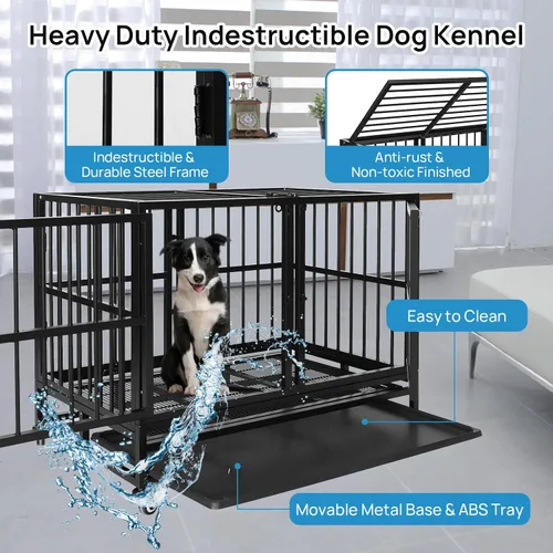 Vista 5 de Jaula indestructible para perros de 37 pulgadas con panel divisor extraíble, jaula resistente para mascotas para dos perros con ruedas de bandeja