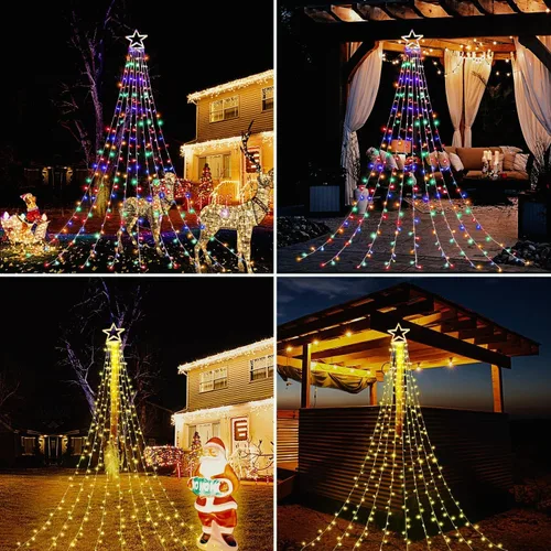 Vista 5 de DANLI Guirnalda de luces de estrella para decoración de Navidad al aire libre, 320 luces LED de 16.4 pies, luces de árbol de cascada con estrella