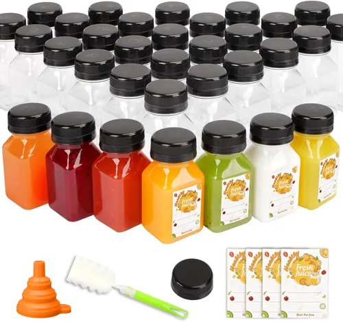 Vista 11 de TOMNK 45 botellas de plástico de 2 onzas con tapas, botellas de chupito de jengibre, recipientes reutilizables transparentes a granel para inyección