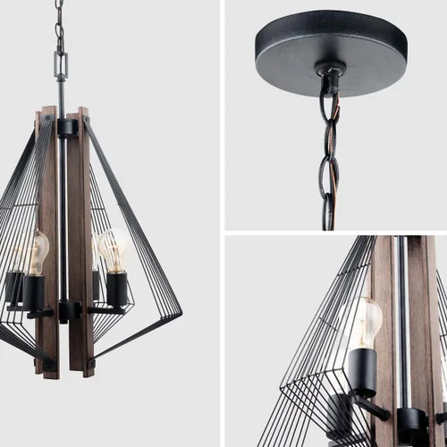 Vista 7 de Zenith - Lámpara colgante de 4 luces de madera y marco de metal moderno Pendat - Negro y madera