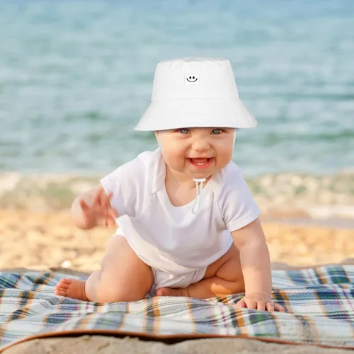 Vista 6 de Cooraby Paquete de 4 sombreros de sol para bebé, transpirable, con sonrisa, sombrero de cubo protector solar para bebé, gorra ajustable para bebé