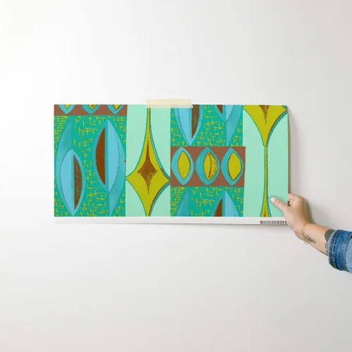 Vista 7 de Muestras de papel tapiz extraíbles, color azul y marrón, retro, de mediados de siglo, Tiki Mod Atómico, papel pintado prepegado personalizado por