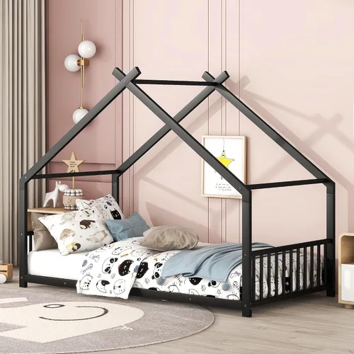 Vista 7 de Lakifun Casa de juegos de cama de metal de tamaño individual con barandillas de techo y valla para niños y niñas, marco de toldo Montessori de suelo