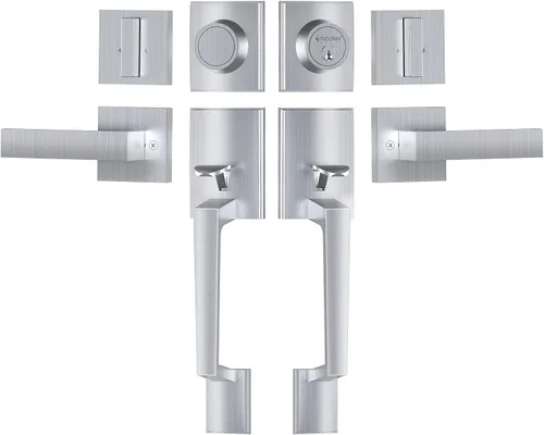 Vista 11 de TICONN Juego de manijas para puerta delantera doble, palanca de puerta cuadrada de servicio pesado y combo de cerrojo de cilindro único para puertas