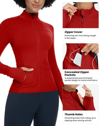 Vista 4 de QUEENIEKE Chaquetas de correr para mujer con cremallera, chaquetas atléticas ajustadas para entrenamiento, gimnasio, yoga, pista, con bolsillos
