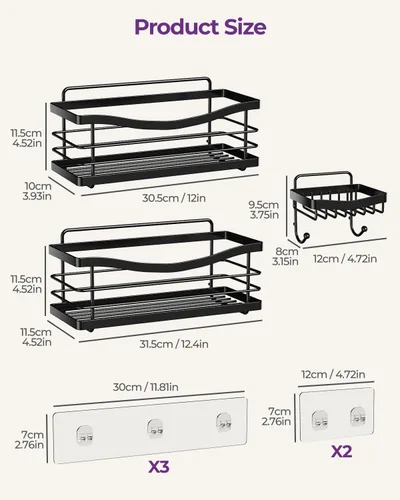 Vista 2 de ODesign Estante organizador de ducha de acero inoxidable SUS304 para almacenamiento de baño y cocina, estante adhesivo sin perforaciones con 4 Negro