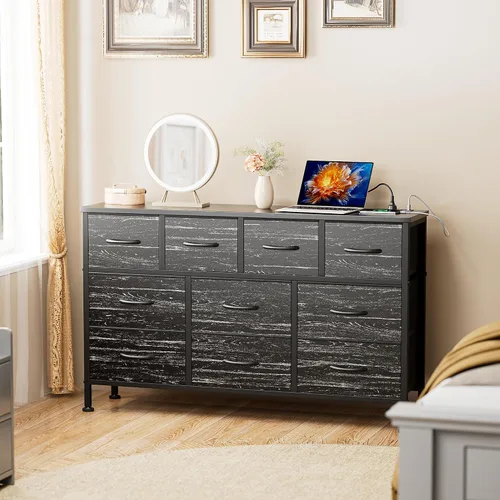 Vista 6 de Lulive Cómoda negra de 10 cajones para dormitorio, soporte de TV con toma de corriente, cómoda central de entretenimiento para TV de 55 pulgadas