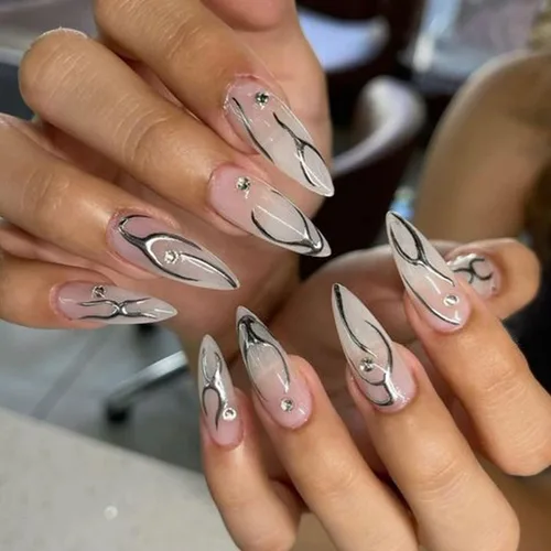 Vista 3 de French Line - Calcomanías para arte de uñas, holográficas 3D, autoadhesivas, con cadenas de líneas onduladas con purpurina occidental colorida