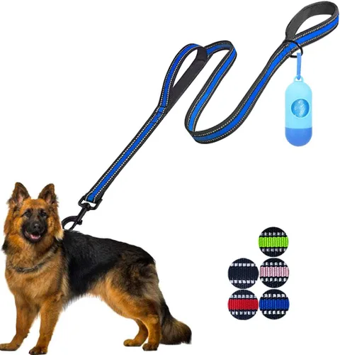 Vista 18 de JSXD Correa resistente de doble asa para perro, 5 pies, acolchada y reflectante, cuerda para perros pequeños a grandes (negro)