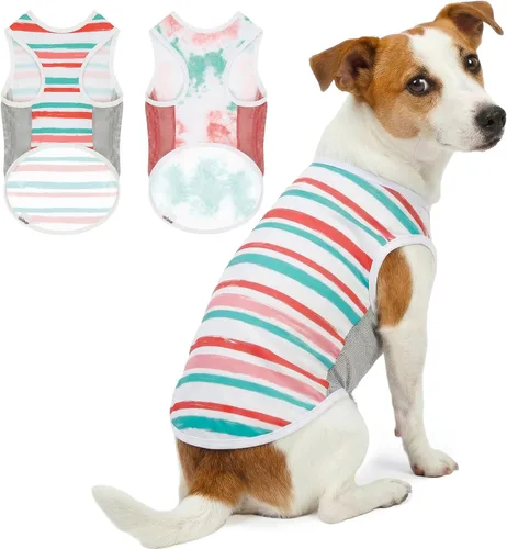 Vista 16 de Camiseta para perro con protección solar UPF 50+, paquete de 2 chalecos ligeros sin mangas para perros pequeños y niñas, tiras reflectantes, ropa