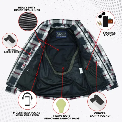 Vista 5 de Camisa de Motociclista para Hombre Daniel Smart Plaid Biker Chaqueta de Franela Desmontable Deportiva Blindada, Cierre con Cremallera y Resistente
