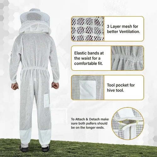 Vista 5 de BeeProGear 3-Layer Ventilated Mesh Beekeeping Suit for Men & Women - Sting Proof Full Body Suit with 2 Veils, Gloves & Bag