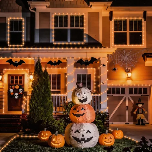 Vista 8 de YEGUO Luces naranjas para Halloween, paquete de 2 cuerdas de 100 luces LED de 33 pies cada uno, 8 modos de luces de hadas en tubo transparente