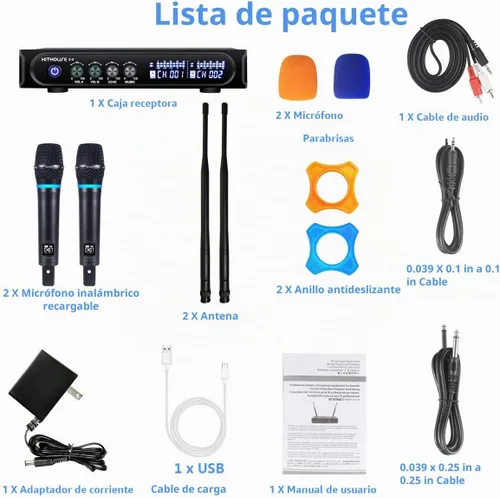 Vista 7 de S9 UHF Sistema de micrófono inalámbrico recargable para karaoke, micrófono inalámbrico dual con caja receptora Bluetooth + control de volumen ECHO