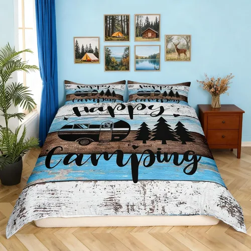 Vista 34 de Castle Fairy Juego de ropa de cama Happy Camping para niños, funda de edredón estilo granja occidental con cierre de cremallera, juego de ropa
