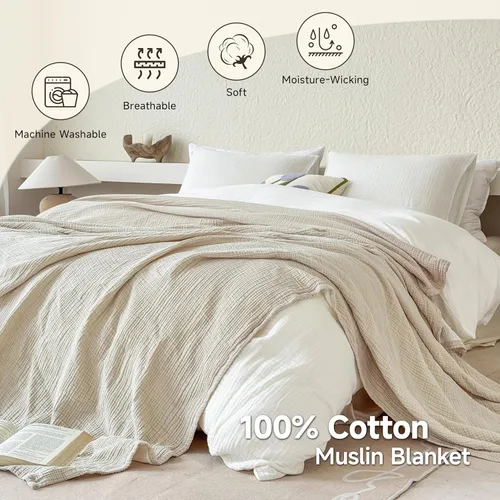 Vista 3 de Simple&Opulence - Manta de muselina 100 % algodón, transpirable ligera de 4 capas, manta suave de algodón para sofá, cama, camping, para todas
