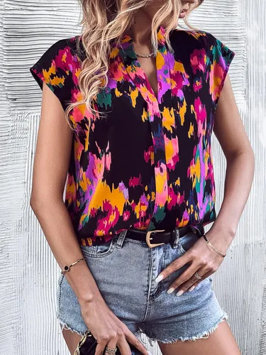 Vista 6 de MakeMeChic Blusa de manga casquillo con cuello en V y muesca para mujer