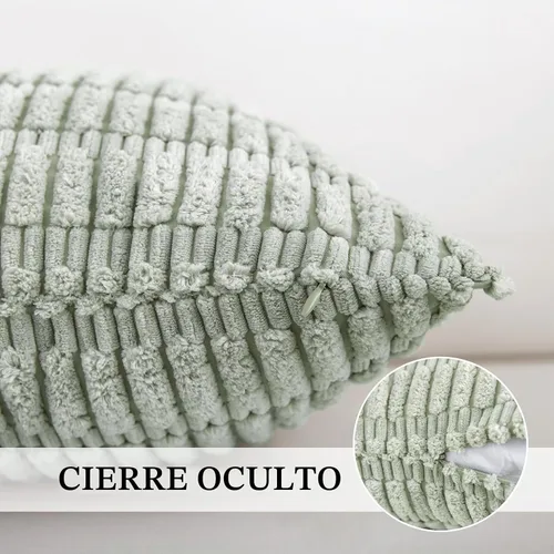Vista 2 de Juego de 4 fundas de almohada decorativas de pana de 16 x 16 pulgadas Beige/Verde
