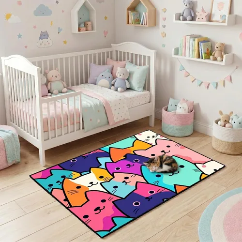 Vista 35 de Alfombra de gato para habitación de niñas, diseño de dibujos animados, decoración para dormitorio, bonita alfombra de área de gatos, alfombras