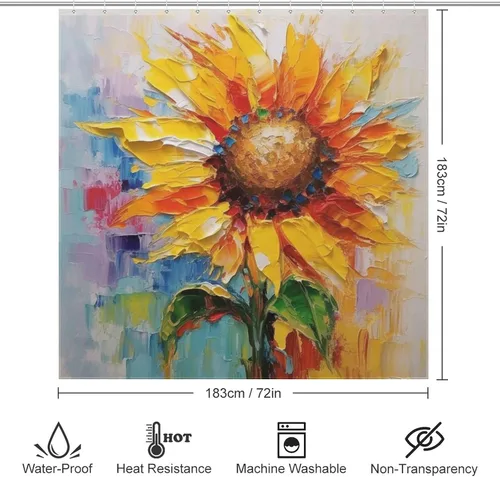 Vista 6 de YLATY2220 - Cortina de ducha de girasol para baño, pintura al óleo, hojas verdes, flores, bohemio, tela amarilla abstracta, moderna, impermeable