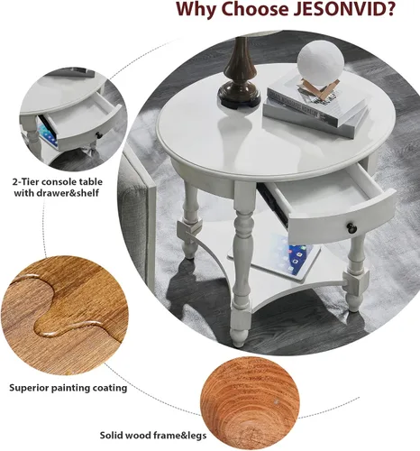 Vista 4 de Mesa auxiliar ovalada de madera con cajón y estante de almacenamiento, 22 x 28" blanco antiguo con cajón-cjz
