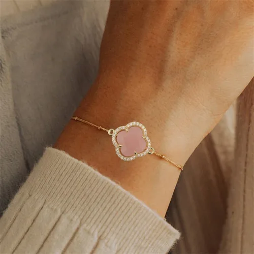 Vista 3 de Pulsera ajustable de cristal de trébol de la suerte chapada en oro de 18 quilates para mujer, ajustable, simple, a la moda, regalos de cumpleaños