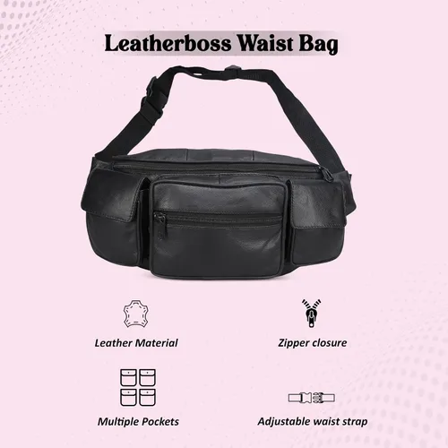 Vista 9 de Cangurera de Leatherboss Jumbo con bolsillos laterales Valcro, Negro