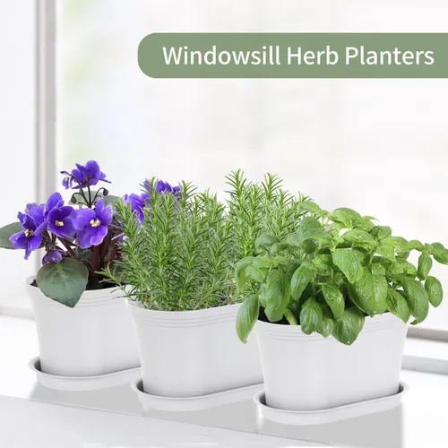 Vista 6 de Oliz 6pk Windowsill Planters, White Plastic w/Drain Tray - Indoor/Outdoor Blanco