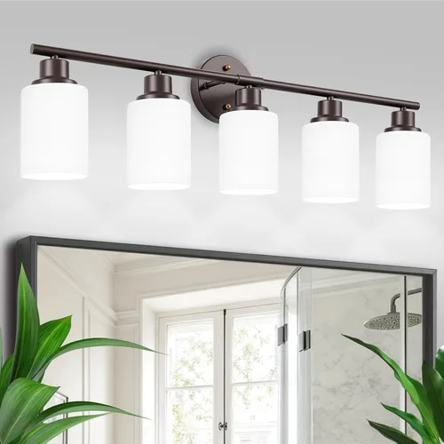 Vista 16 de Paquete de 2 luces de tocador de 1 luz, lámpara de baño de níquel cepillado con pantalla de vidrio blanco lechoso texturizado, accesorio