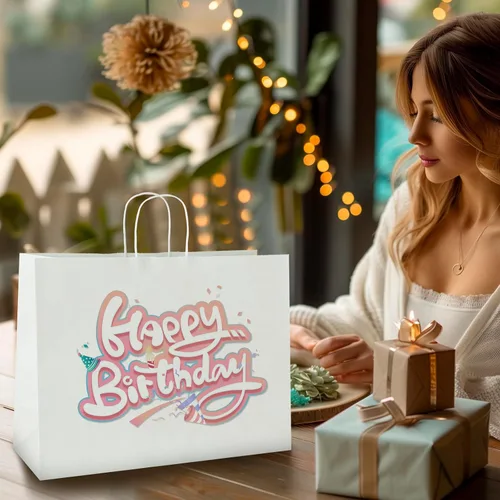 Vista 5 de bagmad Paquete de 50 bolsas grandes de papel kraft blanco de 16 x 6 x 12 pulgadas con asas a granel para compras, bodas, comestibles, mercancías al