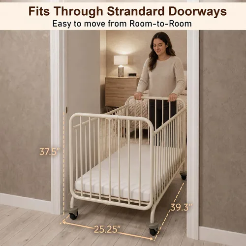 Vista 3 de L.A. Baby Deluxe Holiday Mini/Cuna plegable portátil de metal, color blanco Metal frame, locking caster wheels, tool-free fold, fits standard
