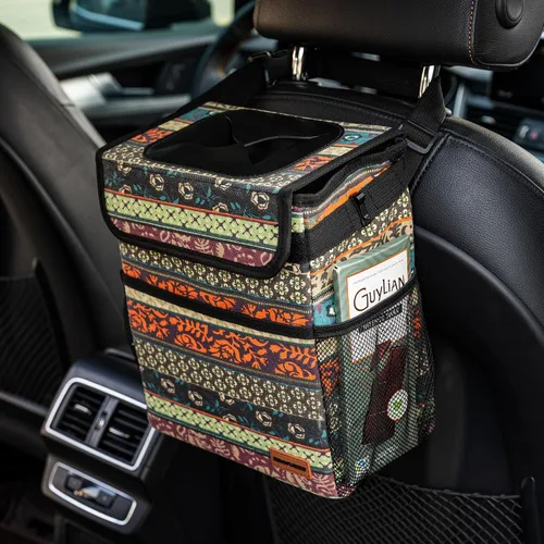 Vista 7 de SIBOFUEGO Bote de basura lindo para automóvil, a prueba de fugas, con tapa y bolsillos de almacenamiento, cubo de basura para automóvil para hombres