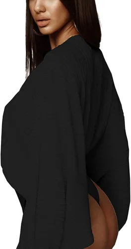 Vista 3 de Weigou - Body o enterizo de manga larga con cuello en V, plisado, holgado, para mujer, camisas de leotardo
