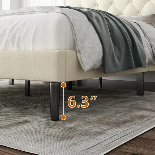 Vista 7 de CXVX Marco de cama de tamaño matrimonial con estructura de plataforma y cabecera tapizada, diseño con botones, listones de madera resistentes,